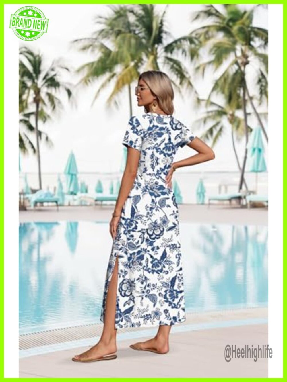 Maxi Dress with Pockets Short Sleeve V-Neck Side Slit Beach Vacation - Picture 5 of 7